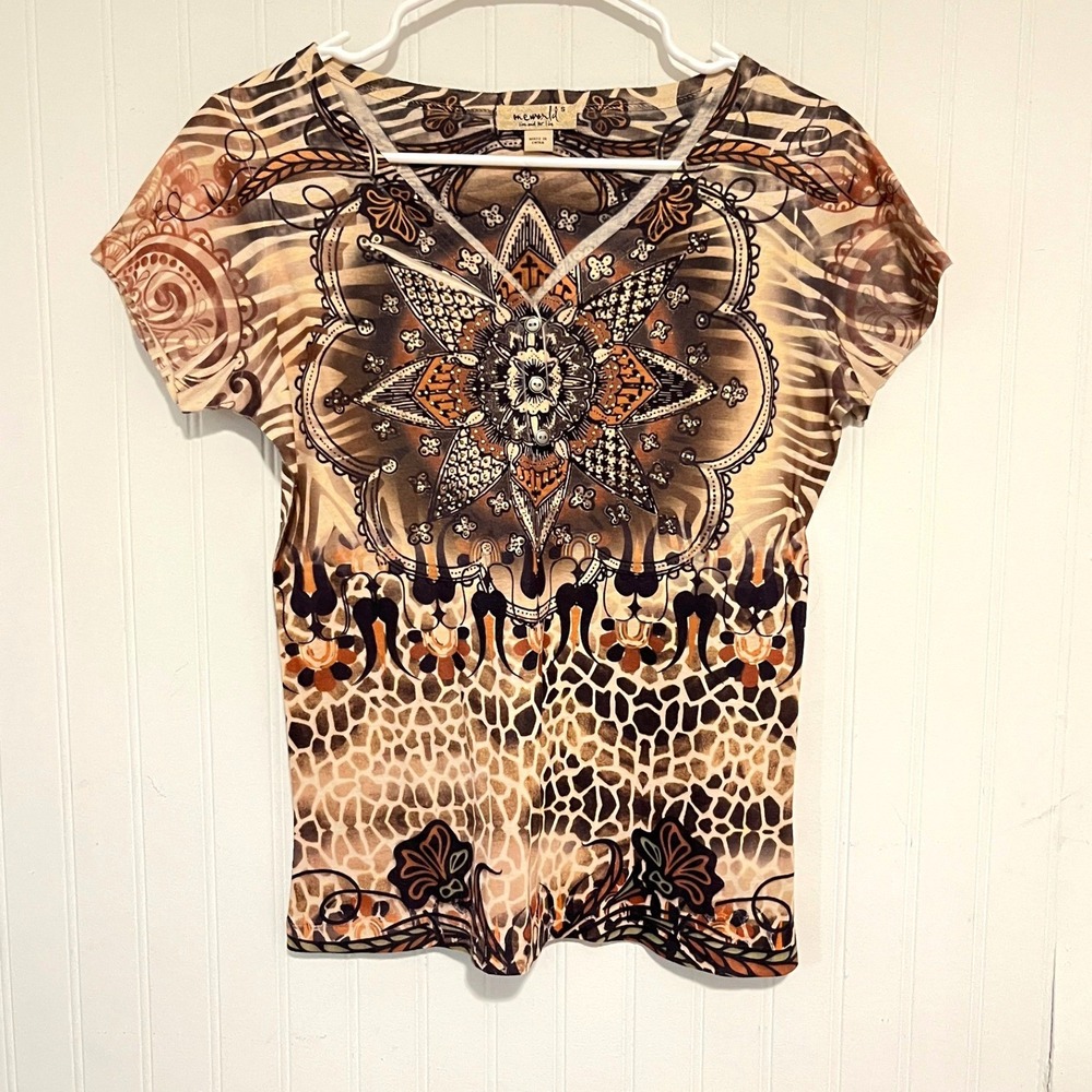 One World Top Women S Brown Animal Print Mandala Studded V-Neck Artsy Boho